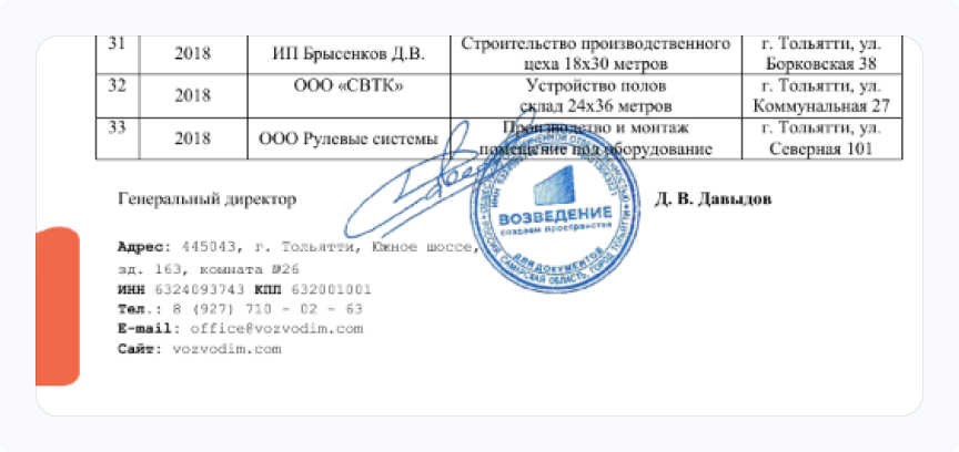 Референс лист компании Возведение